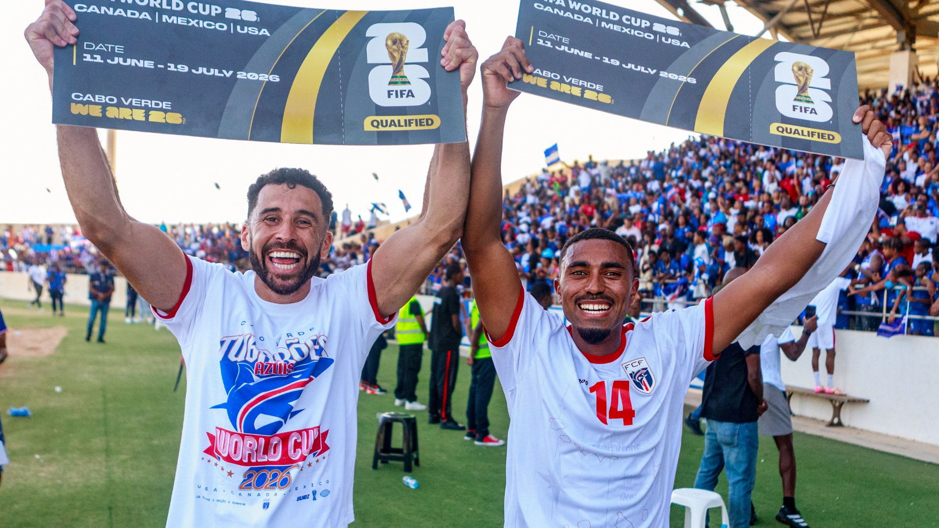 Cape Verde players hug in celebration